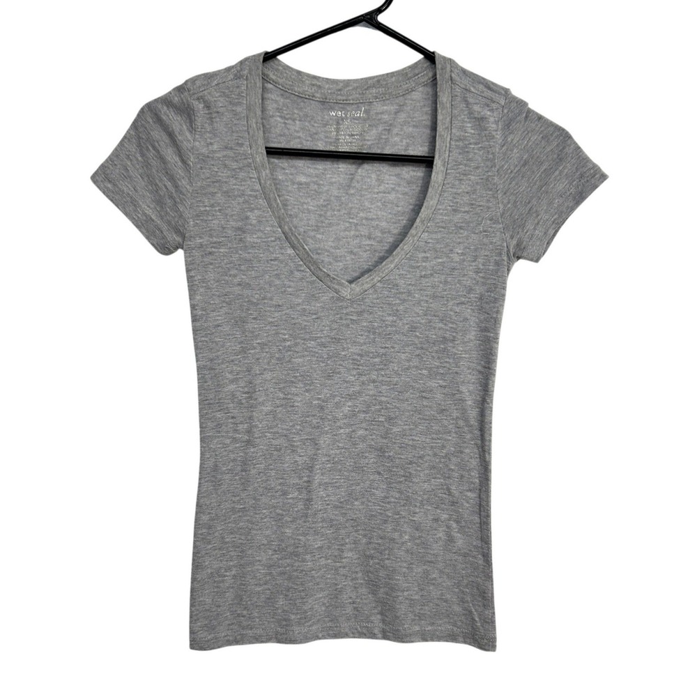 Y2K Wet Seal Fitted V Neck Tee XS Gray Short Sleeve 2000s Baby Tee Mallcore Top